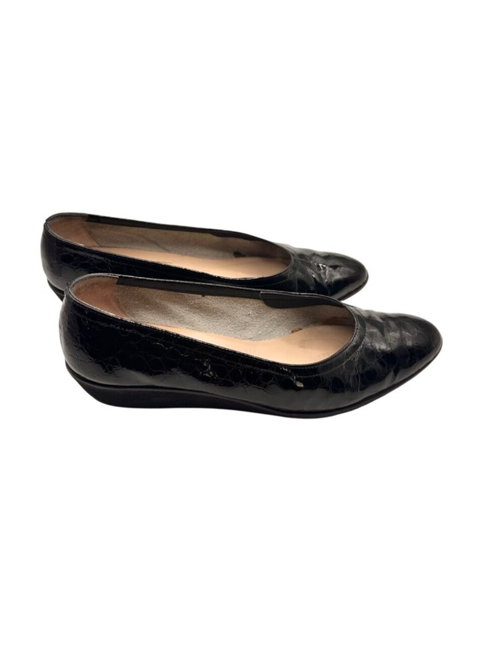 Salvatore Ferragamo Size 8.5 Black Croc Embossed Faux Leather Wedge Flats